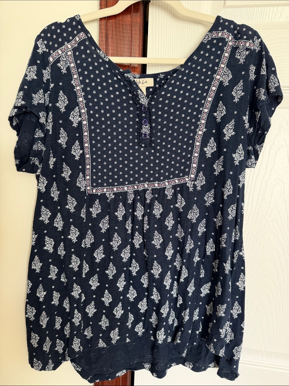 Style & Co. Navy Printed Short-Sleeve Tunic with Yoke Detail